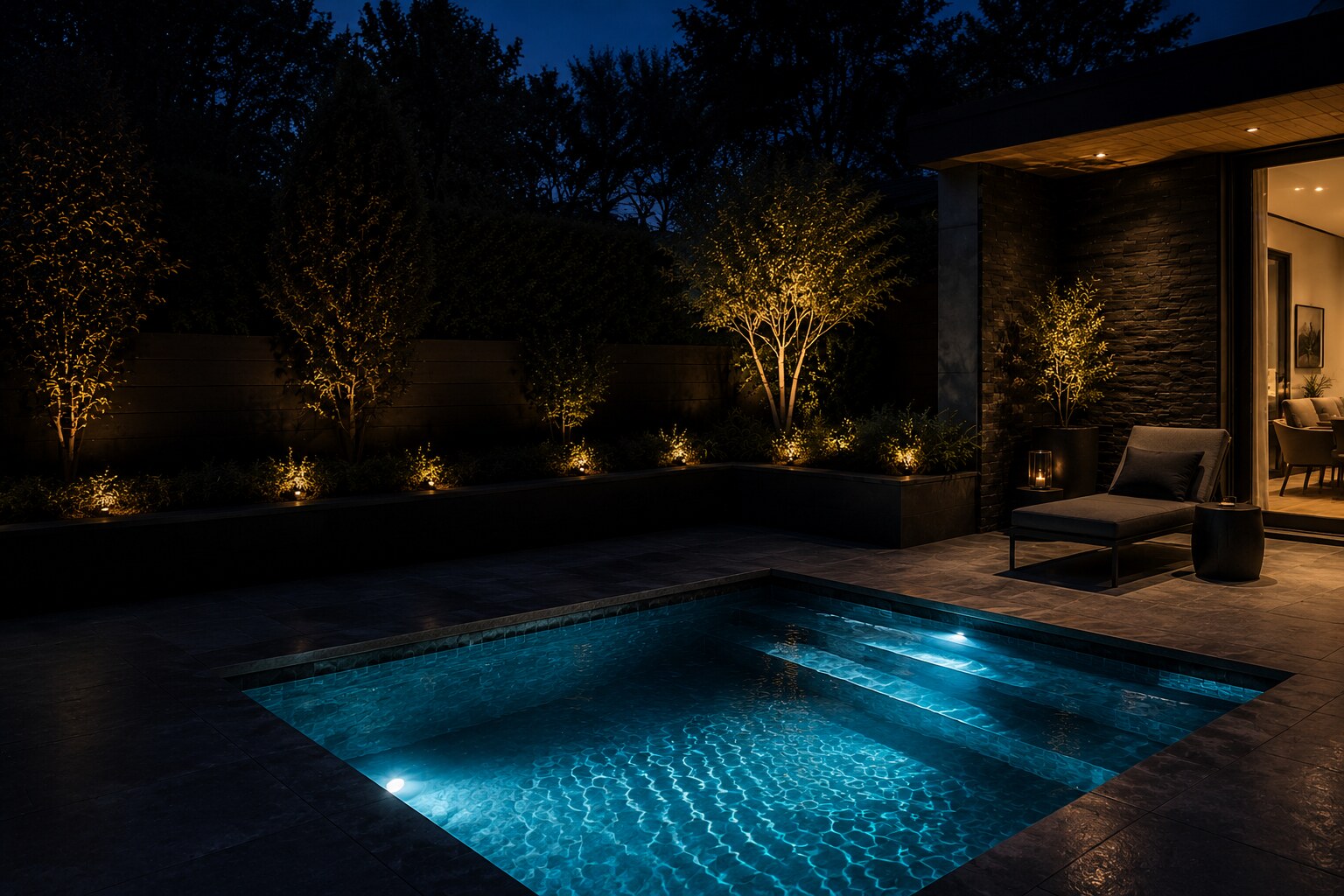 Luxury small-yard fiberglass plunge pool and cocktail pool backyard design | Texas service areas: Houston, Spring, Magnolia, Montgomery, Conroe, Katy, Navasota, Bryan, College Station, Hempstead, Cypress, and Huntsville, Texas Luxury small-yard fiberglass plunge pool and cocktail pool backyard design in Conroe and Katy, Texas